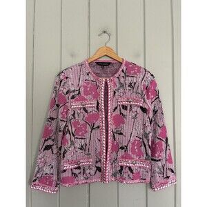Ming Wang Cardigan Sweater S Small Pink Black Flap Pockets Tweed Acrylic